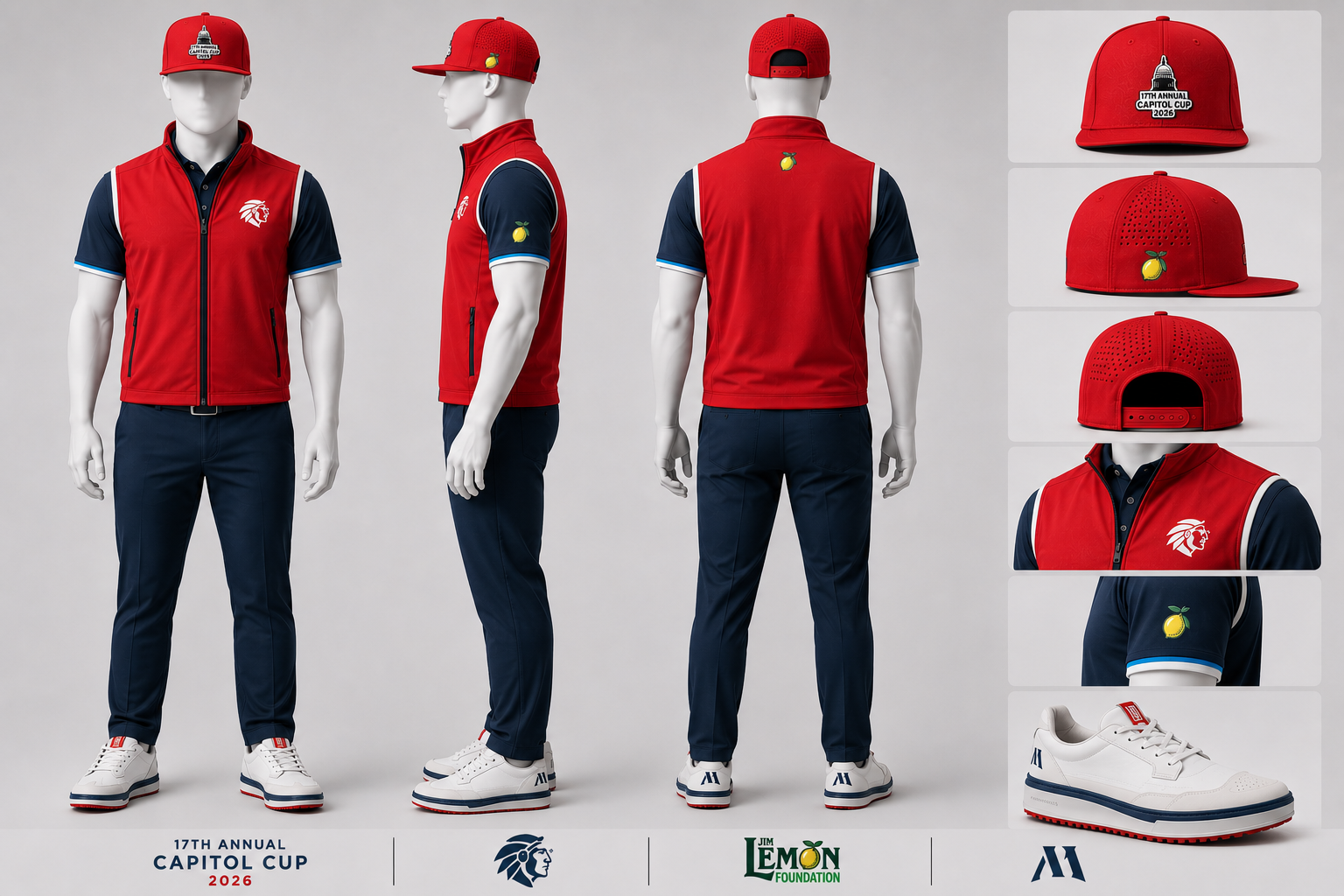 Nakoma Golf Club team uniform mockup: red vest, navy polo, red cap, and white shoes